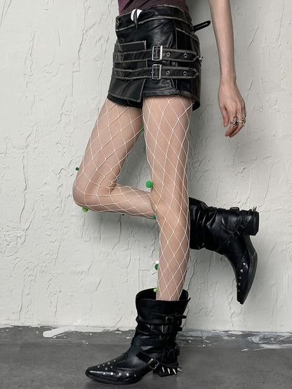 Pompons Green White Design Y2K Fishnet Cut-out With Tights
