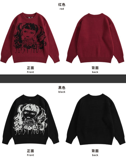 Wine Red/Black Y2K Girl Pattern Sweater with Free Choker
