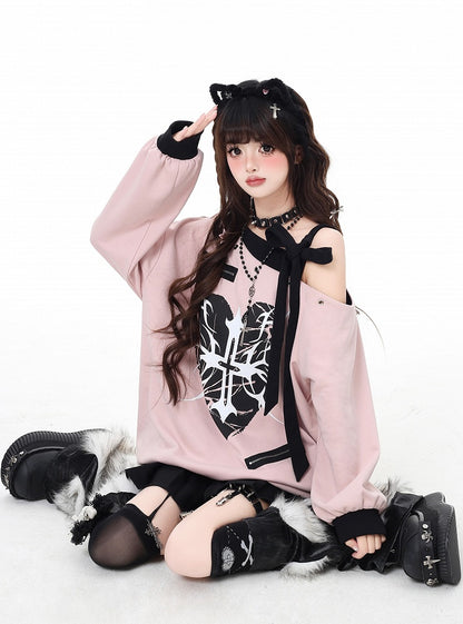 Pink Asymmetrical Neckline Self-tie Strap Heart and Cross Sweatshirt