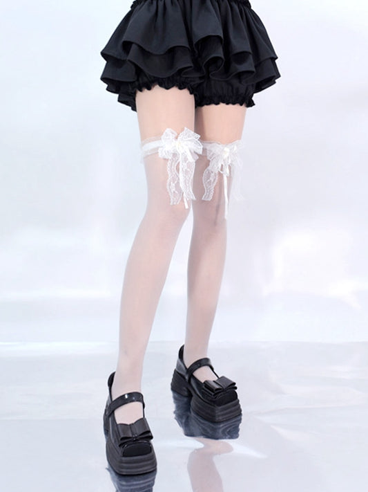 Bas au-dessus du genou avec nœud en dentelle noire et blanche