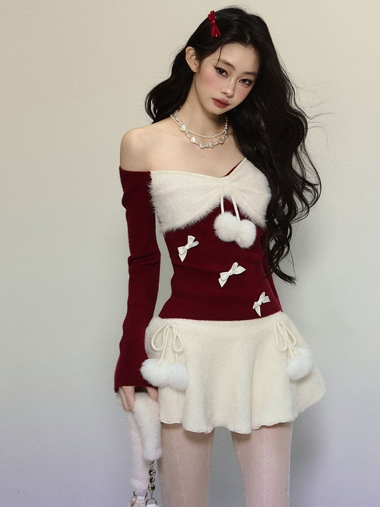 Red Bow Accents Asymmetrical Neckline Knit Top