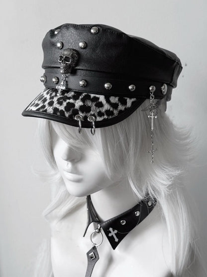 Nietenhut Kreuz Charm Punk Leopard PU Y2K Gyaru Mode