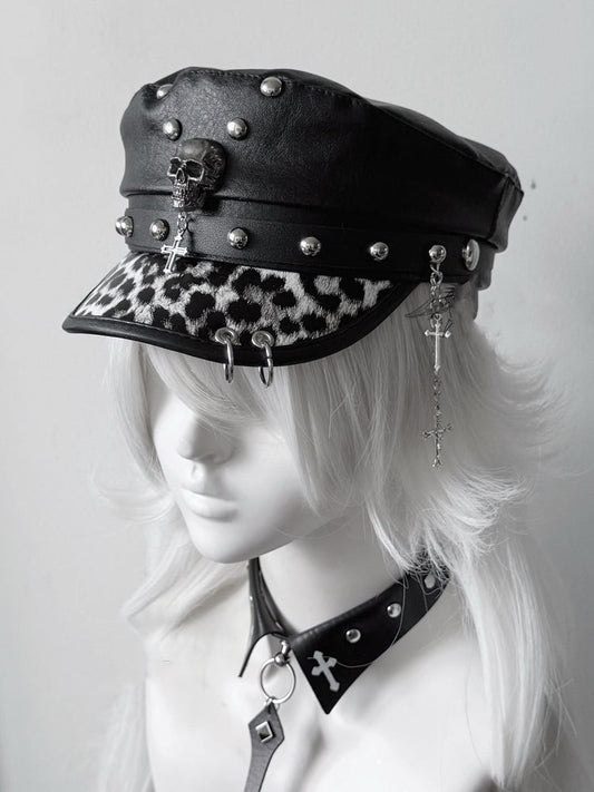 Studded Hat Cross Charm Punk Leopard PU Y2K Gyaru Fashion