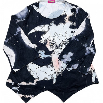 Fashion Black Moon Sleeves Protection Top Long And Gyaru Cartoon Print Sun