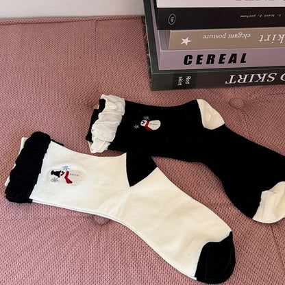 White Black Cute Snowman Embroidered Calf Socks