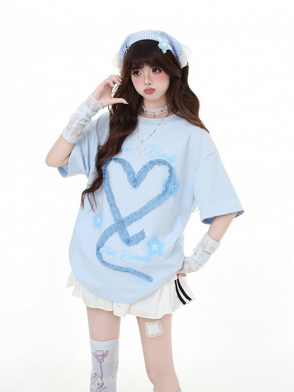 Design Armwear Free Heart-shaped Lace White/Light Blue T-Shirt with