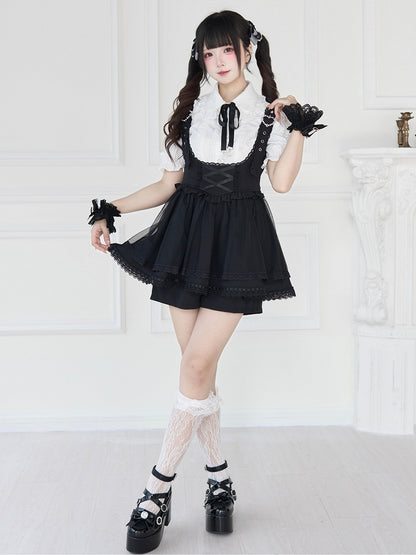 Jirai Kei – Schwarz/Weiße Bluse mit kurzen Ärmeln und Perlenkragen