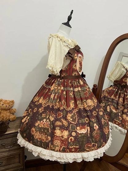 Brown Sweet Reddish Cookies and Overall Dress Print Puppy Furry Lolita