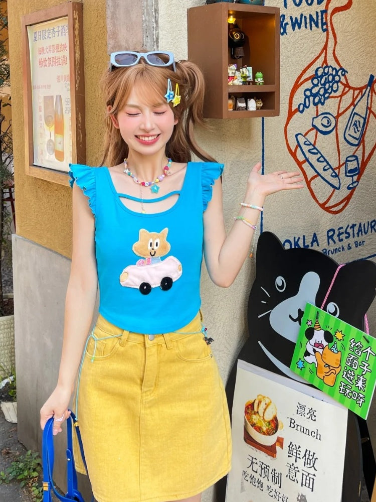 Free Kitty Applique Flutter Sleeves Top Blue Cute Necklace with