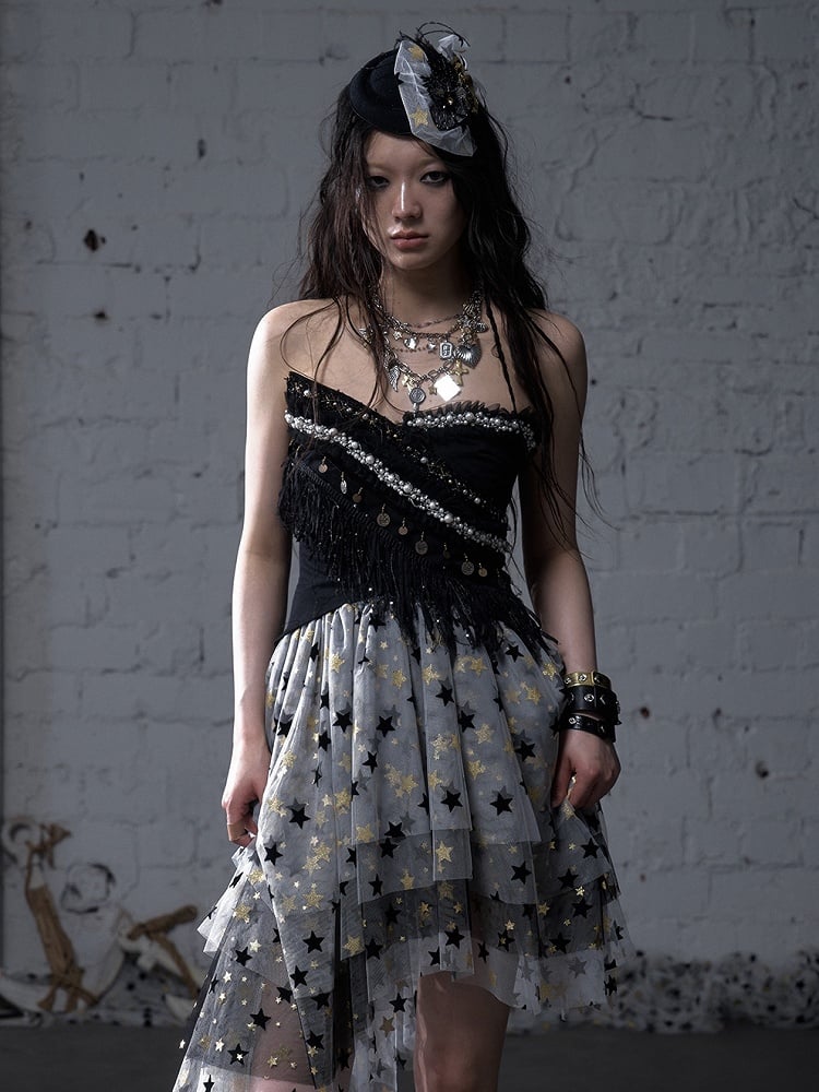 Dress Balletcore Tiered Mesh Skirt Strapless Gray Ash