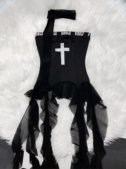 Cross Print Asymmetrical Flounce Hem Glamorous Strapless Top Black