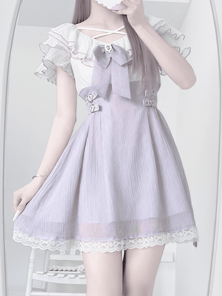 Dress with Flounce Waist Jirai Buckles Bowtie Hem Heart Version Neckline Tiered Lavender Short Kei