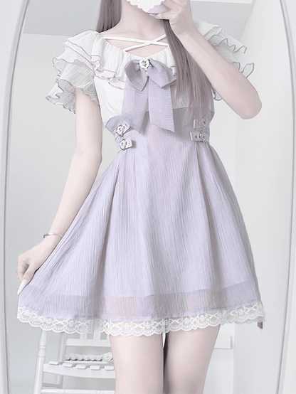 Dress with Flounce Waist Jirai Buckles Bowtie Hem Heart Version Neckline Tiered Lavender Short Kei