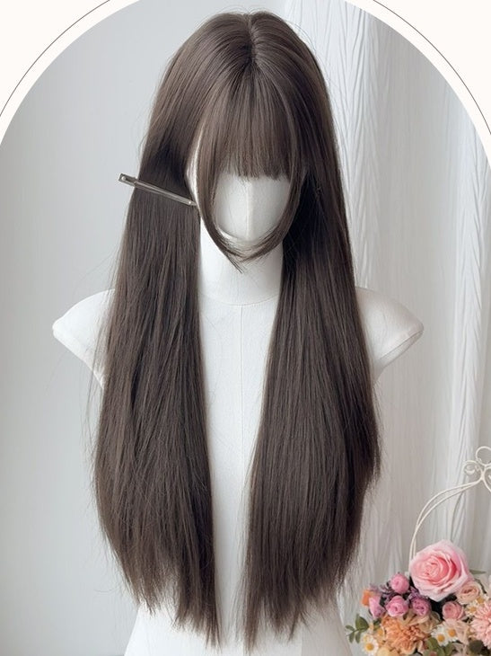 Milk Tea Long Straight Synthetic Wig With Bangs
