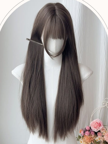Milk Tea Long Straight Synthetic Wig With Bangs