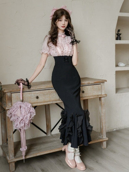 Pieces Pink Waist Blouse Elegant Fake Two Lolita Boned Skirt Design Black and Dress Mermaid