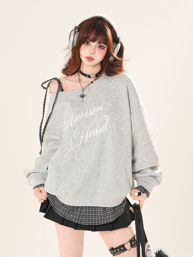 Sweatshirt zum Binden, asymmetrischer Ausschnitt, karierter Saum, schwarz/grauer Schultergurt