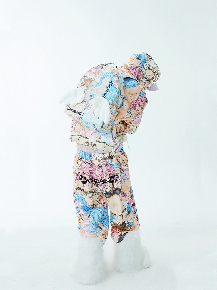 Elastic Waist Cartoon Print Straight-Leg Pants Colorful
