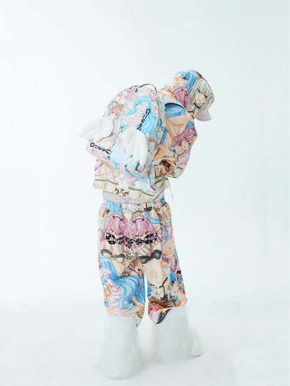 Elastic Waist Cartoon Print Straight-Leg Pants Colorful