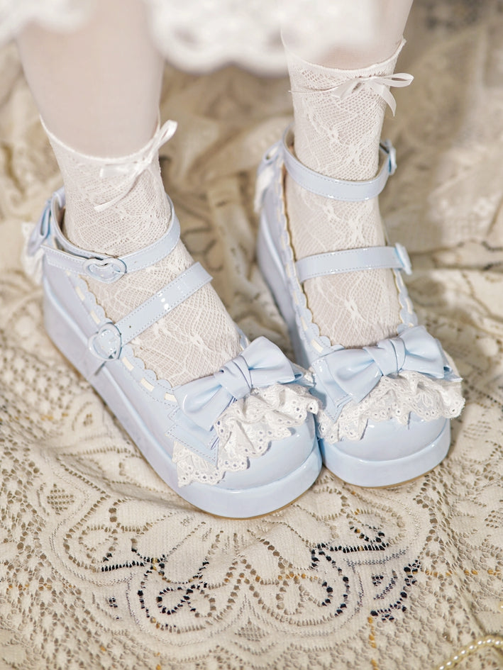 Blue Trim Baby Buckles Platforms at Heart Lace Top Bow