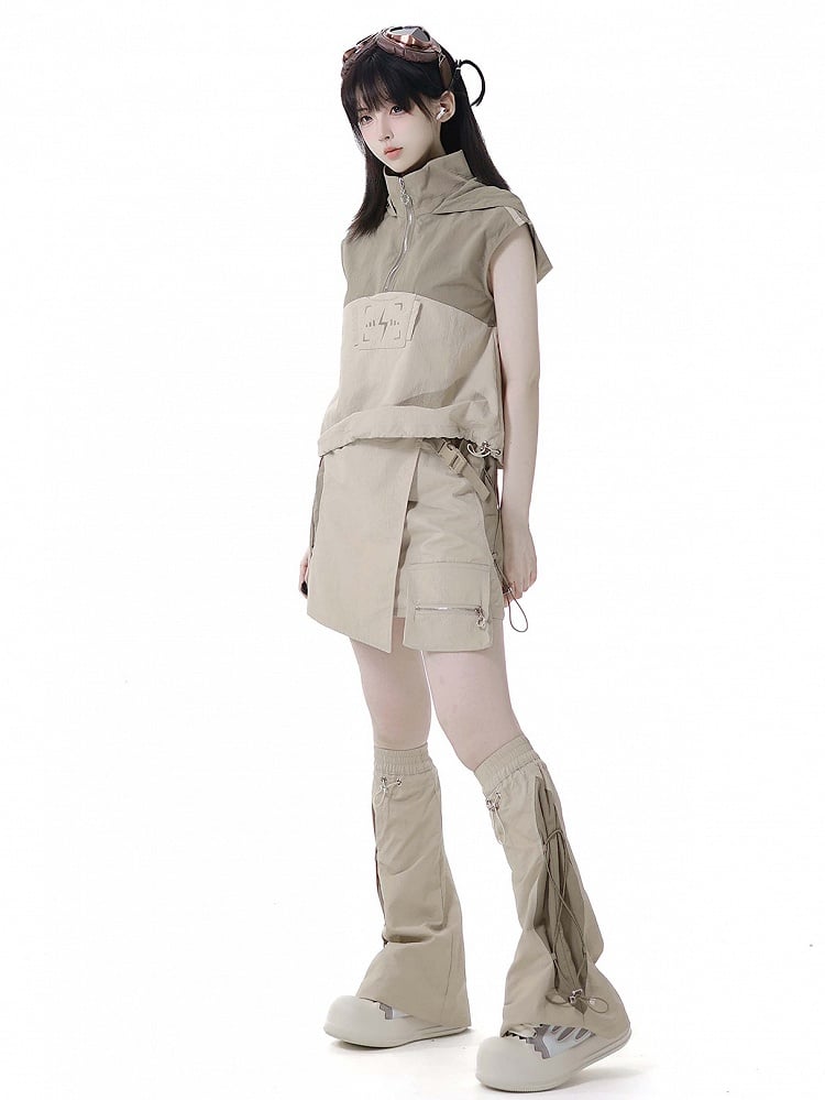 Khaki Colorblock Design Drawstring Hem Techwear Hooded Tank Top