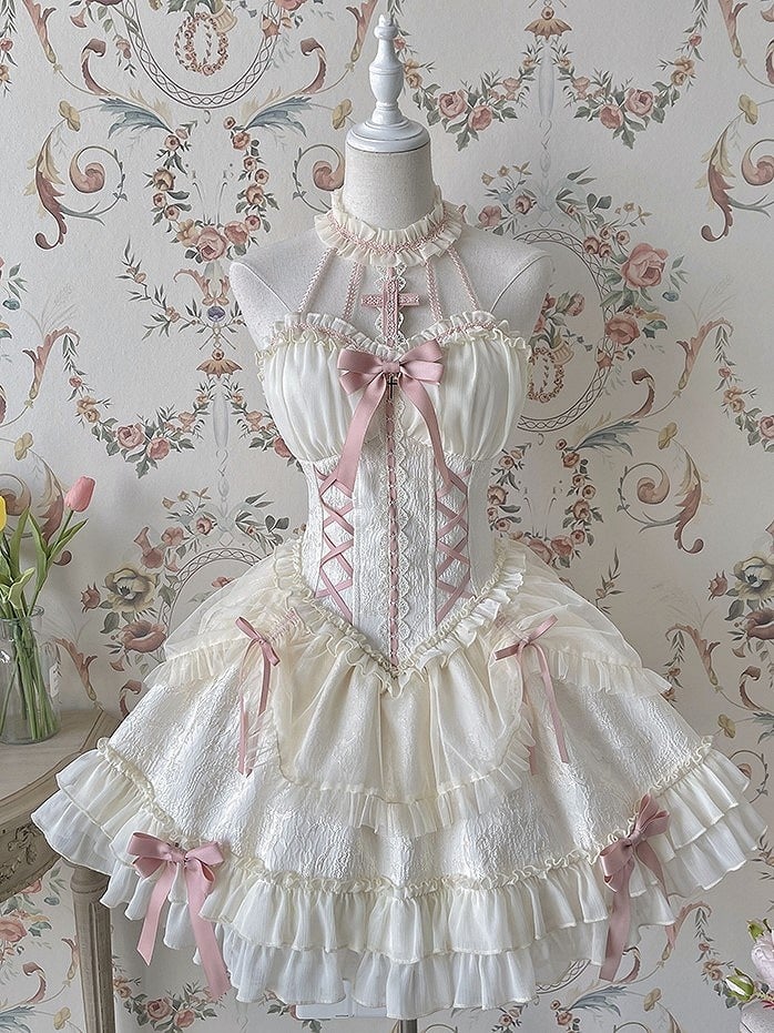 Neck Balletcore Corset Lolita Dress Pink Belle JSK Halter Cross