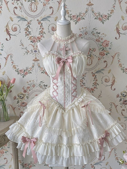 Neck Balletcore Corset Lolita Dress Pink Belle JSK Halter Cross