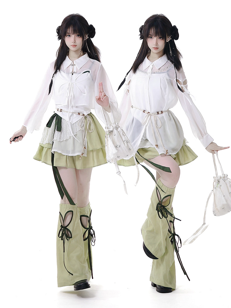 White Sheer Chiffon Style Shirt Long Sleeves Version Butterfly-shaped Cutout Cheongsam