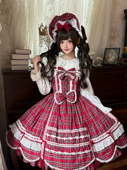 with Accents Skirt Scalloped Jumper Sweet Plaid Lolita Bow Edge Red Trim