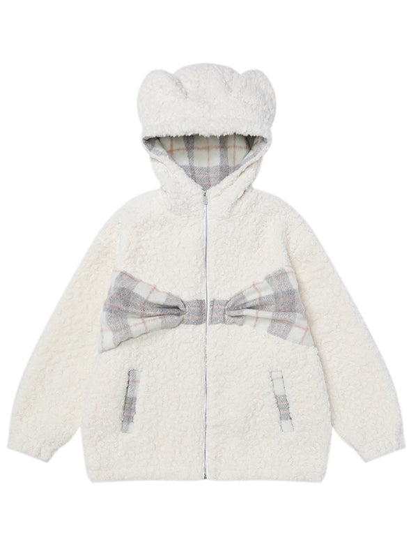 Milk White Plaid Bowknot Details Bears Ears Fleece Zip Hoodie