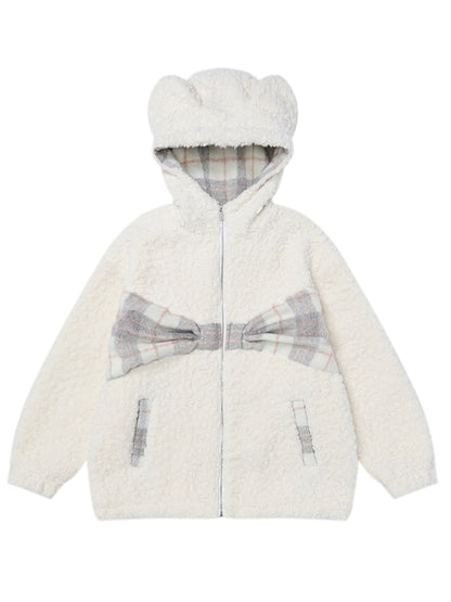 Milk White Plaid Bowknot Details Bears Ears Fleece Zip Hoodie