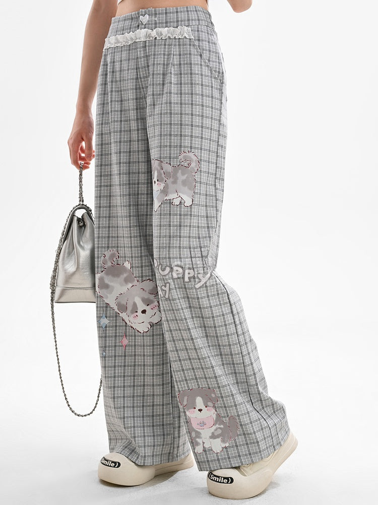 Regular/Short Lace Grey Plaid Puppy Print Heart Button Version Wide-Leg Pants Trim