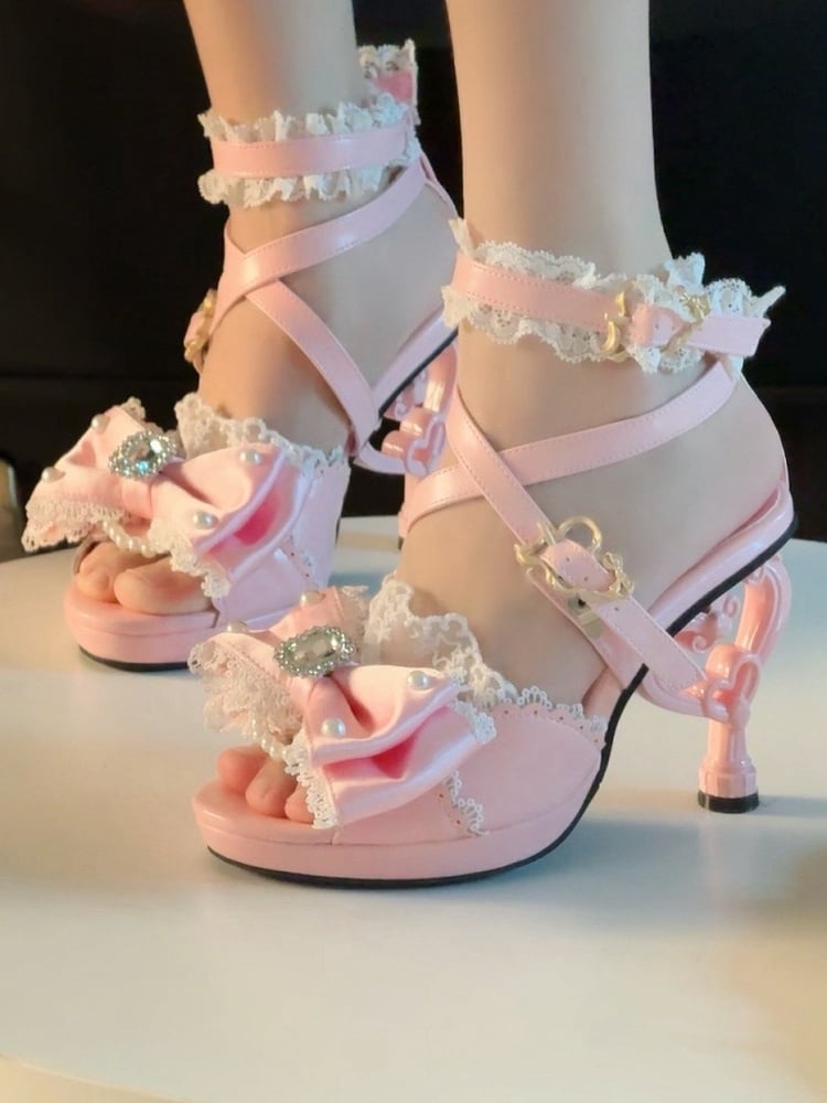 Heart-shaped Girl High Top Sandals at Hime Magical Pink Gyaru Heels Shoes Bow