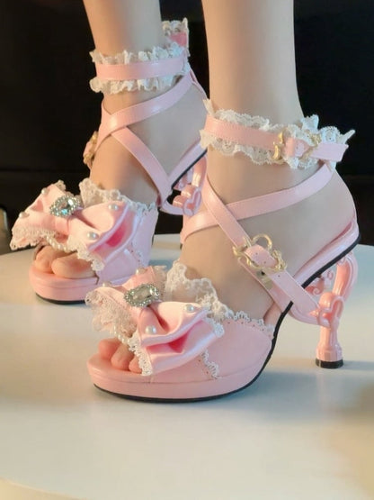 Heart-shaped Girl High Top Sandals at Hime Magical Pink Gyaru Heels Shoes Bow