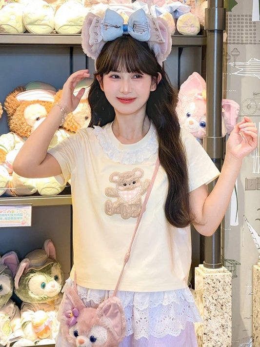 Plush Bear Applique Apricot Lace Trim Neckline T-shirt