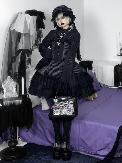 Jupe pull gothique Lolita à double épaisseur avec nœuds rayés noirs