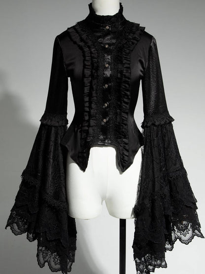 Neck Aristocrat Patched Fashion Lace Sleeves Black Shirt Ouji Bell Lolita Ruffled
