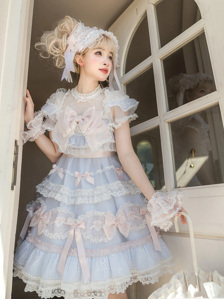 Gestreiftes Schleifenmuster Süß verziertes Kleid Lolita Blau Rosa
