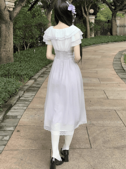 Hem Neckline Long with Version Dress Bowtie Jirai Kei Lavender Heart Buckles Waist Tiered Flounce