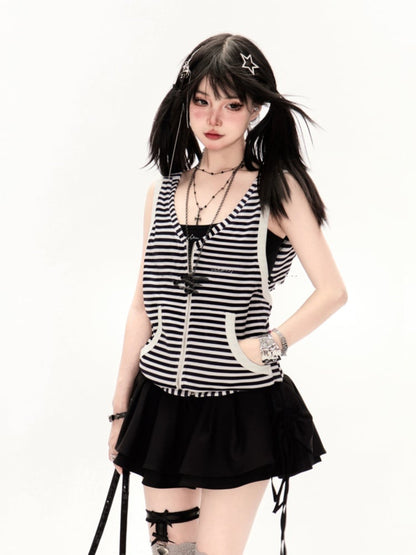 White Black Striped Pattern Backless Hooded Vest and