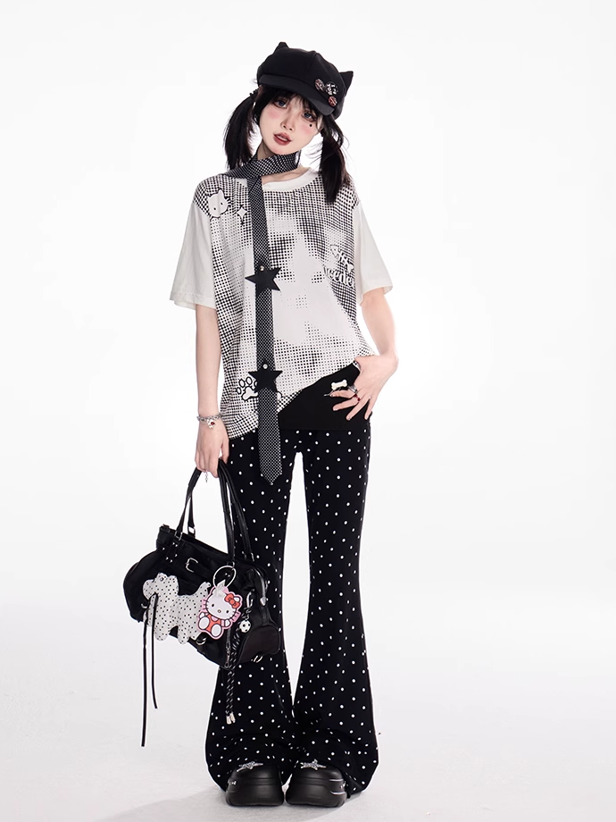 Flared Casual Pants Black Polka Dot Elastic Waist Slim-fitting