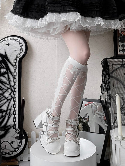 Silver-tone Studs Chains Punk White Block Heel Platform Shoes