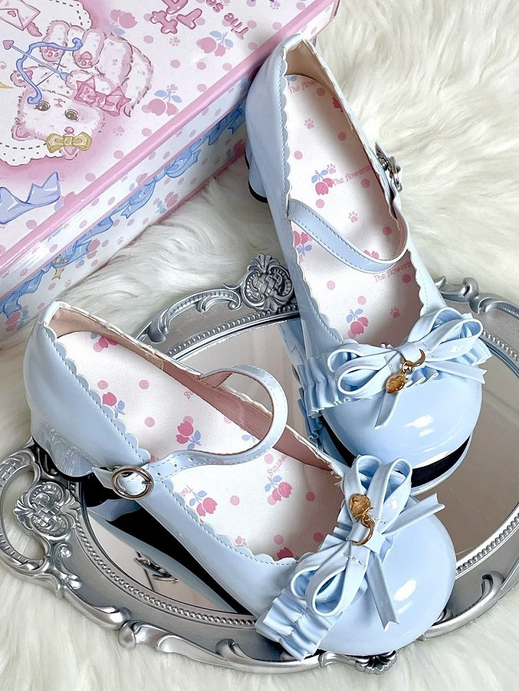 Accent Blue Bow Round Lolita Mid Toe Heels Berry Sweet PU with -