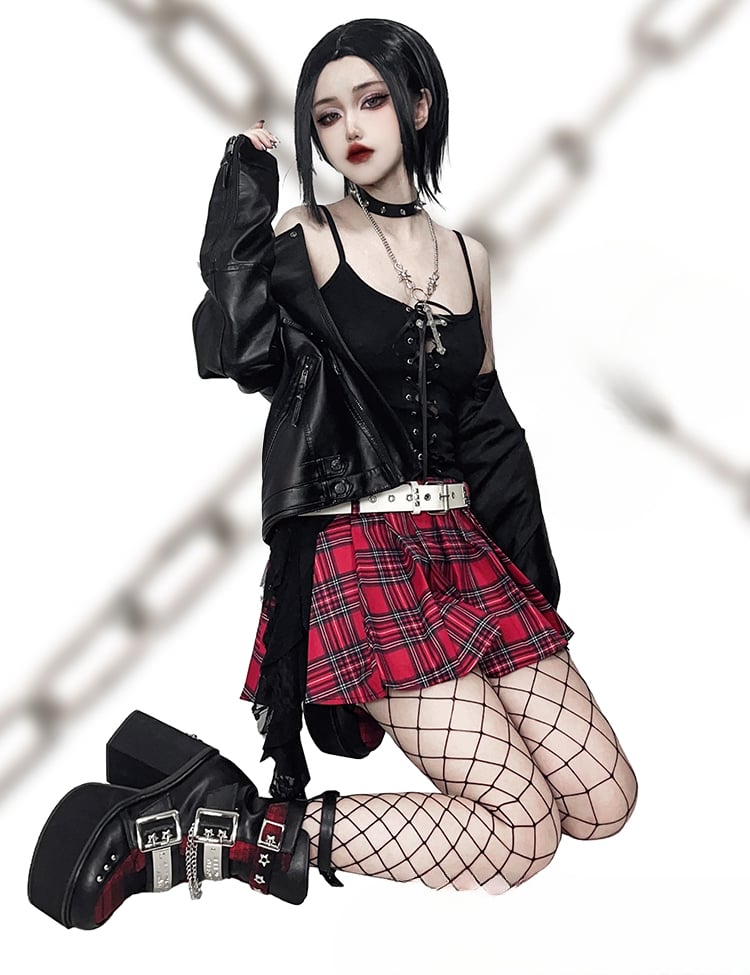 Black & Red Punk Rectangle Metal Plates Buckle Straps  Platform High Block Heels with Studs and Chain