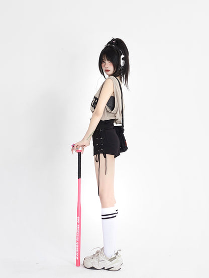 Lace-Ups Side Shorts Fly Crisscross with Button Black Summer