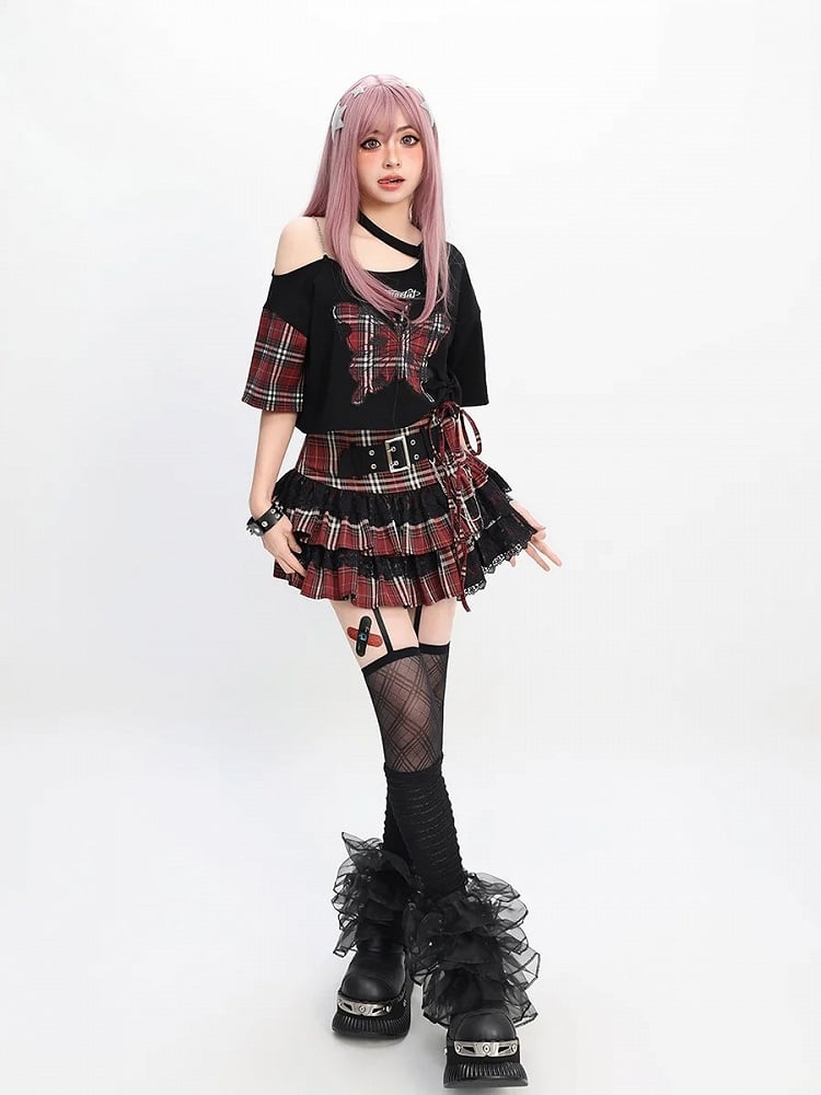 Rote Schmetterlingsapplikation Schwarz Asymmetrischer Ausschnitt T-Shirt Y2K Plaid