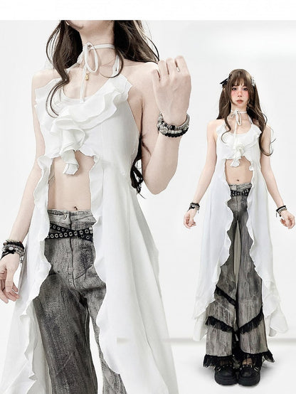 White Halter Design Neck Holiday High-low Top