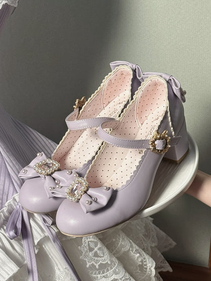 Janes Bowknot Lolita Details Perlen verziert Mary Strass Zehen rund und Schuhe lila