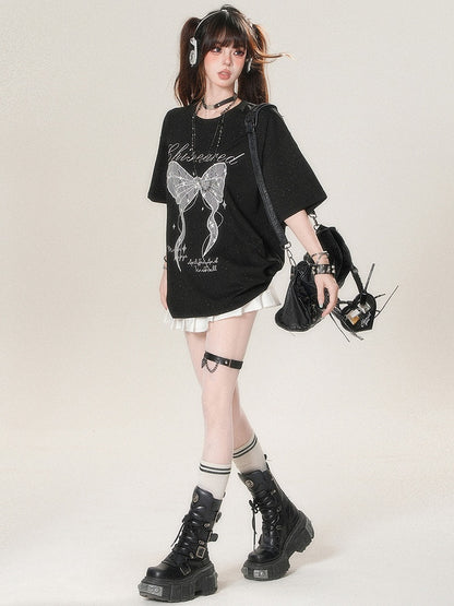 Kawaii T-shirt Print Applique And Daily Letter Bow Star Big White/Black