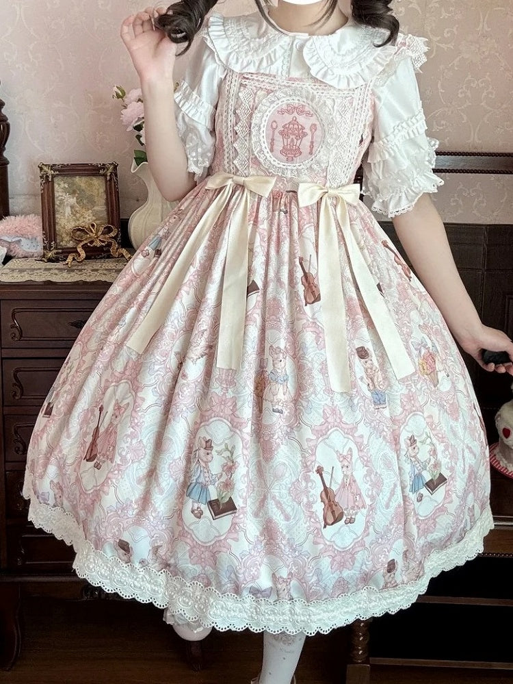 Light High Violin Lolita Bunny and Yellow Waist Print Dress Sweet JSK